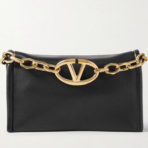 Valentino Garavani VLOGO V Logo Chain Leather Clutch Shoulder Bag Black